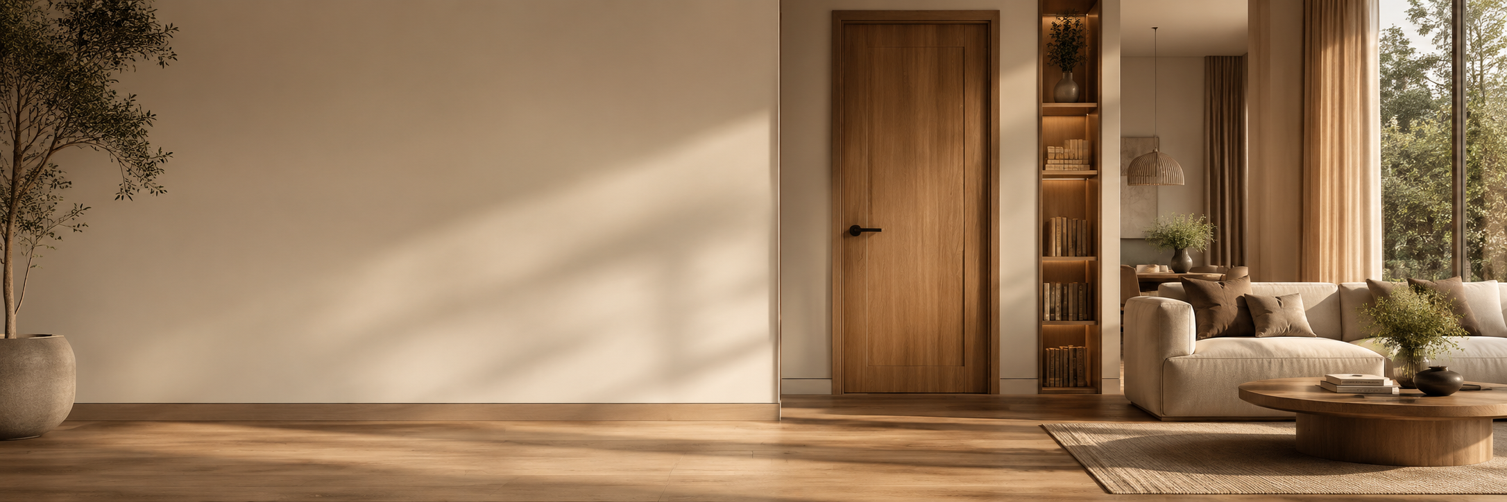 Warm modern home interior with wood grain door and door